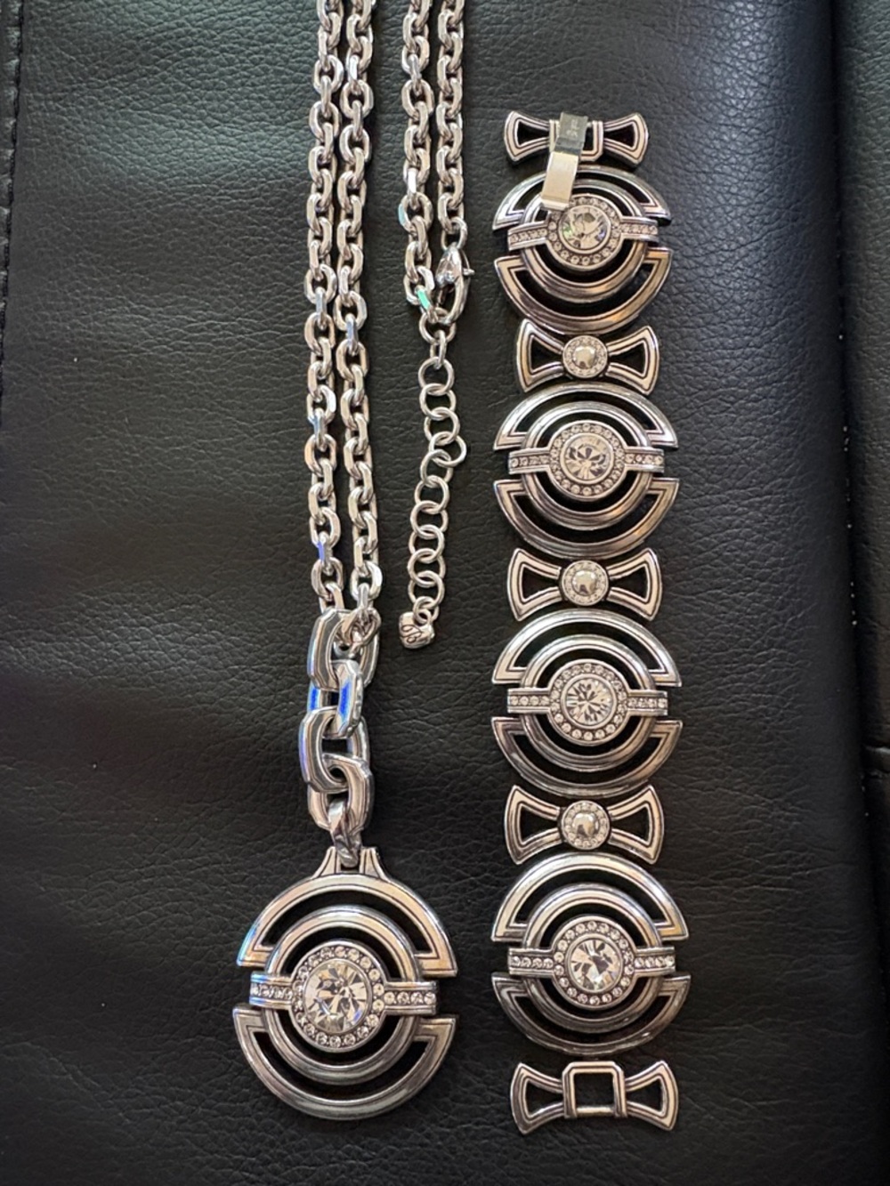Brighton Silver-Tone Crystal Disc Necklace and Bracelet Set vintage